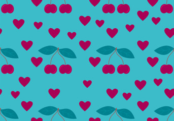 Wall Mural - seamless pattern with heats, cherry. trendy romantic curly pattern with heart, cherry. vintage retro