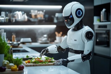Aufkleber - A humanoid robot is efficiently chopping vegetables on a cutting board in a sleek, high-tech kitchen setting, symbolizing advanced technological integration.