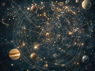 Aufkleber - Solar system with all planets, orbits, and asteroids, with a spaceship traveling between planets