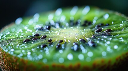 Wall Mural - Juicy kiwi slice, macro, green background, healthy food