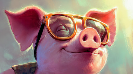 Wall Mural - A pig wearing oversized glasses and a colorful hat in a playful artistic style with a fun background setting and vibrant colors for creative projects and illustrations