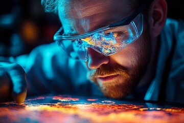 Aufkleber - A focused scientist peering through protective eyewear examines a vibrant illuminated geological surface with precision in a controlled environment.