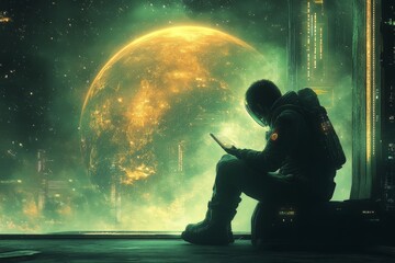 Poster - An astronaut sits in contemplative silence, gazing at a glowing, ethereal alien planet through a portal, captured in a dreamlike and futuristic setting.