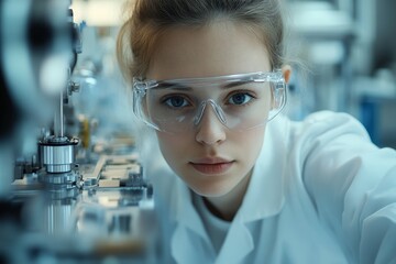 Leinwandbilder - A young scientist wearing safety goggles is intently examining and working with machinery in a laboratory environment, reflecting focus and innovation.