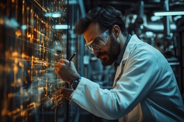 Leinwandbilder - A scientist, in a lab setting, sketches data or diagrams on an illuminated digital screen or board, indicating research, problem-solving, and scientific exploration.