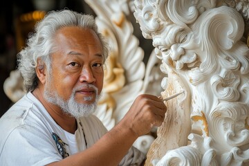Aufkleber - A skilled craftsman with gray hair carves detailed patterns into a large wooden sculpture, capturing the essence of focused creation and artistic mastery.