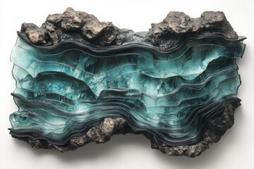 Poster - An abstract glass sculpture featuring layered, flowing teal shapes, resembling organic forms, which evoke a sense of depth, movement, and tranquility.