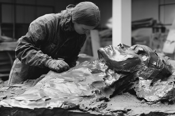 Poster - A woman sculptor works intensely on a clay sculpture, using her hands to mold an expressive figure, demonstrating her dedication and passion for the artform.