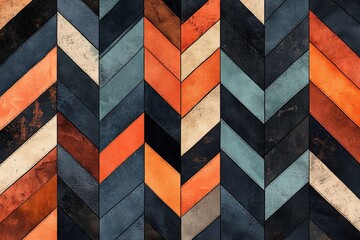 Aufkleber - This image features a chevron pattern tapestry with vibrant warm colors, presenting a geometric design that is both bold and visually captivating.