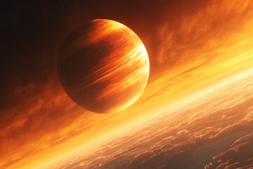 Poster - This dramatic scene displays a fiery planet piercing through intense golden space haze, evoking a sense of fierce strength and cosmic wonder beyond imagination.
