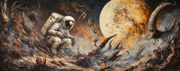 Wall Mural - a lone astronaut crash-landing on an unknown planet, teeming with strange creatures.