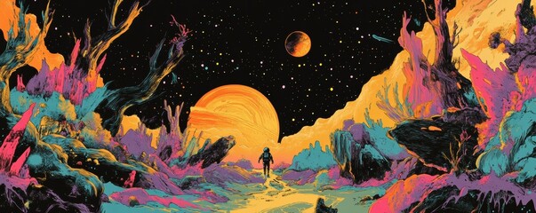 Wall Mural - a lone astronaut crash-landing on an unknown planet, teeming with strange creatures.