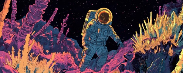 Wall Mural - a lone astronaut crash-landing on an unknown planet, teeming with strange creatures.