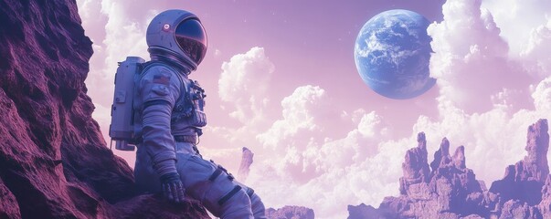 Wall Mural - a lone astronaut encountering a benevolent alien civilization that has achieved immortality.