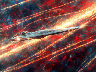 Aufkleber - Spaceship traveling through colorful nebulae, with vibrant lines and light effects.