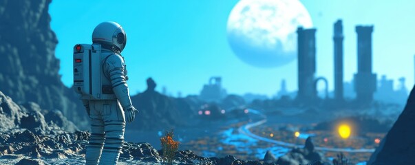 Wall Mural - a lone astronaut encountering an alien civilization that has achieved mastery over time and space.