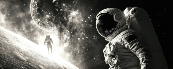 Wall Mural - a lone astronaut encountering an alien civilization that has achieved a state of pure consciousness.