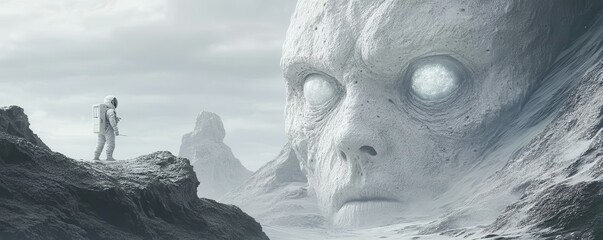 Wall Mural - a lone astronaut encountering an alien civilization that has achieved a state of pure consciousness.