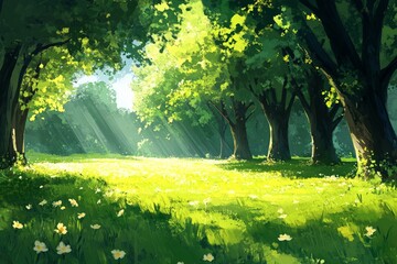 Poster - Vibrant rays of sunlight pierce through the dense canopy of a flourishing forest, creating an artwork of light and shadow that captivates the senses.