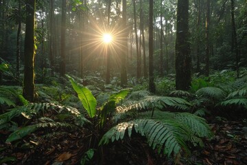 Poster - The golden rays of the sun illuminate a dense forest, highlighting vivid green ferns and creating a magical atmosphere filled with natural beauty and mystery.