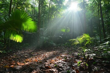 Aufkleber - Tropical sunlight filters through the lush rainforest canopy, highlighting vibrant green leaves and casting beautiful shadows, offering a peaceful nature escape.