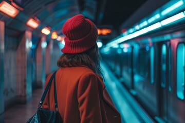 Poster - stylish young woman wearing red beanie and coat waiting for subway train in underground station at n