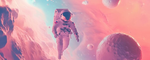 Wall Mural - a lone astronaut floating in a zero-gravity environment, surrounded by floating objects and experien
