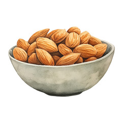 Aufkleber - A watercolor painting depicts a grey bowl filled with numerous light brown almonds.