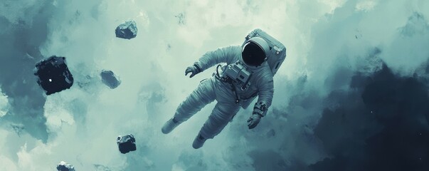 Wall Mural - a lone astronaut floating in a zero-gravity environment, surrounded by floating objects and experien