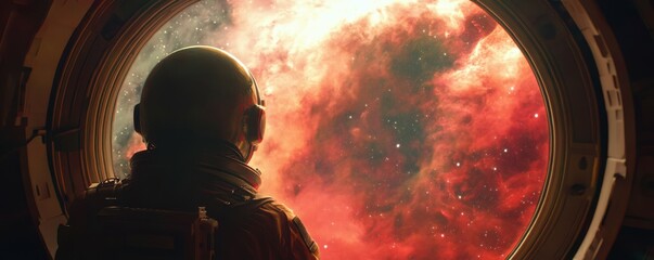 Wall Mural - a lone astronaut gazing at a swirling nebula from a spaceship window, their heart filled with awe an