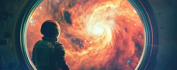 Wall Mural - a lone astronaut gazing at a swirling nebula from a spaceship window, their heart filled with awe an