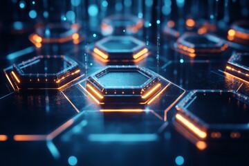 Aufkleber - A futuristic digital design features glowing hexagonal elements arranged in a complex pattern, evoking the essence of technology, innovation, and connection.