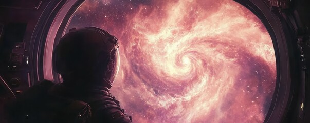 Wall Mural - a lone astronaut gazing at a swirling nebula from a spaceship window.