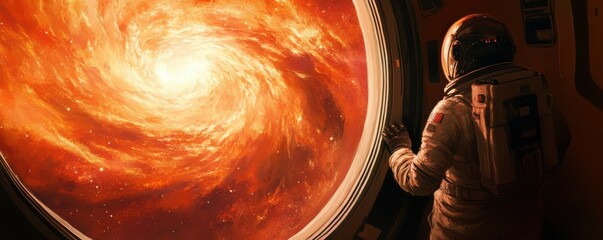 Wall Mural - a lone astronaut gazing at a swirling nebula from a spaceship window.
