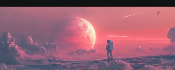 Wall Mural - a lone astronaut returning to earth after a long journey through the cosmos, bringing back a message