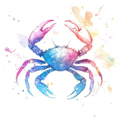 Poster - A vibrant watercolor painting depicts a crab with colorful legs and shell against a white background with watercolor splatters.