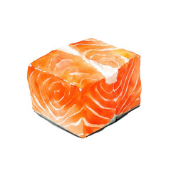 Aufkleber - A watercolor painting depicts a perfectly cubed piece of salmon showcasing its rich orange color and intricate marbling.