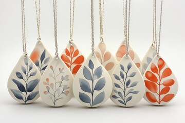 Aufkleber - A series of abstract ceramic ornaments, each shaped like a teardrop and decorated with modern leaf designs, highlighting elegant craftsmanship and style.