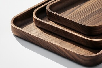 Poster - Close-up photograph of three intricately nested wooden trays, emphasizing the graceful curves and rich grain patterns against a bright, reflective surface.