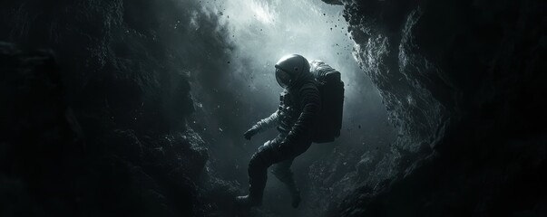 Wall Mural - a lone astronaut venturing into a black hole, experiencing the intense gravitational forces and the 