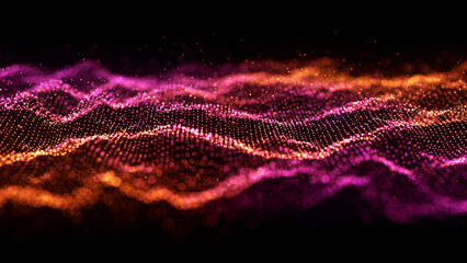 Fototapete - A dark digital abstract backdrop featuring flowing waves of orange, pink, and purple particles, illuminated by glowing sparkles and a sense of spatial depth. The particles create intricate lines