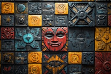 Poster - These abstract carved wooden tiles showcase a vibrant color palette, combining traditional and contemporary motifs to create a visually striking artistic piece.