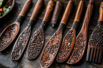 Poster - This image showcases beautifully carved wooden utensils featuring floral patterns, highlighting intricate craftsmanship and artistic attention to detail.