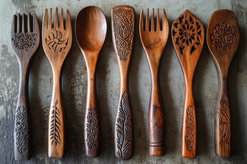 Aufkleber - Set of seven wooden utensils featuring carved floral motifs, displaying artistry and craftsmanship with a fusion of beauty and function in natural wood textures.