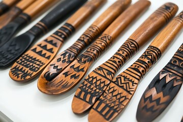 Poster - Collection of wooden kitchen utensils, intricately carved with tribal patterns, emphasizing traditional craftsmanship and cultural richness through their artistic designs.