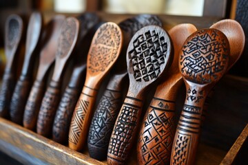 Aufkleber - A striking collection of wooden spoons adorned with geometric and tribal motifs, highlighting both artistic expression and functional design in kitchenware.