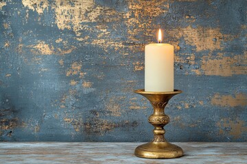 Poster - A single white candle, elegantly positioned on an ornate gold holder, stands against a textured gray wall, exuding a serene and classic ambiance or mood.