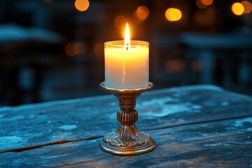 Poster - An illuminated candle sits in an ornate metallic holder, surrounded by ambient blue lighting, creating an elegant and calming atmosphere perfect for reflection.