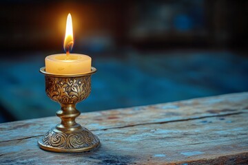 Poster - An elegant, delicately designed candle set in a beautifully detailed holder, resting on a weathered wooden surface, casting a soft, inviting glow in the room.