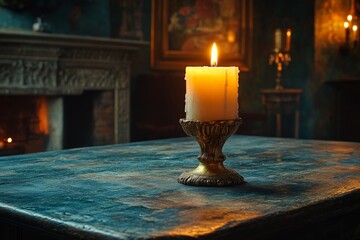 Poster - A thick candle emanates a soft glow in an antique, elegantly decorated room, highlighting the intricate details of a classic interior amidst a serene evening setting.